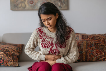 Sick ill Indian woman suffering from period cramps, painful stomach ache on sofa at home room. Girl holding belly, feeling abdominal menstrual pain. Abdominal pain, gastritis, diarrhea, indigestion
