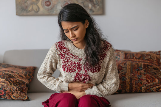 Sick ill Indian woman suffering from period cramps, painful stomach ache on sofa at home room. Girl holding belly, feeling abdominal menstrual pain. Abdominal pain, gastritis, diarrhea, indigestion
