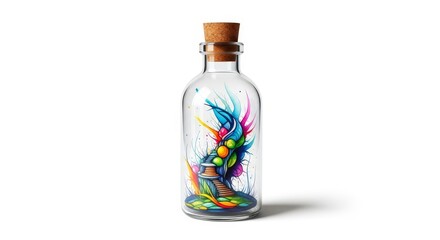Colorful Abstract Art in Glass Bottle - Vibrant abstract artwork inside a clear glass bottle with a cork top. A unique and artistic