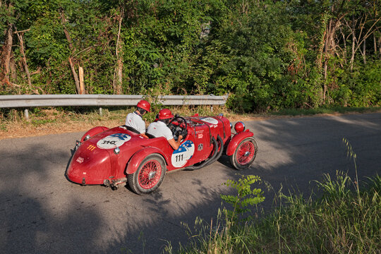 Vintage sports car Aston Martin 2 Litre Speed Model (1937) in classic car race Mille Miglia, on June 20, 2025 in Predappio, FC, Italy
