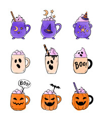 Set of ink and watercolor drawings of Halloween drinks isolated on white background. Vector illustration of Witch's cauldron, Spooky ghost and Jack-o'-lantern mugs. Art for sticker, menu, card.