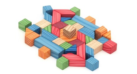 Obraz premium Colorful Wooden Block Puzzle - A vibrant arrangement of colorful wooden blocks forming an intricate puzzle pattern. Ideal for education and play