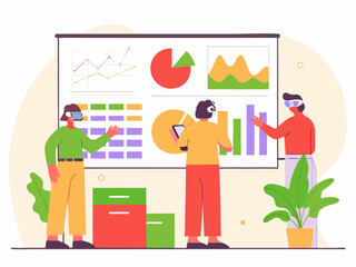 Futuristic office interior with digital dashboard and business people using AR interfaces