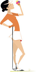 Golfer woman. A break on the golf course. 
Golfer woman has a pause in the game and eats an ice cream

