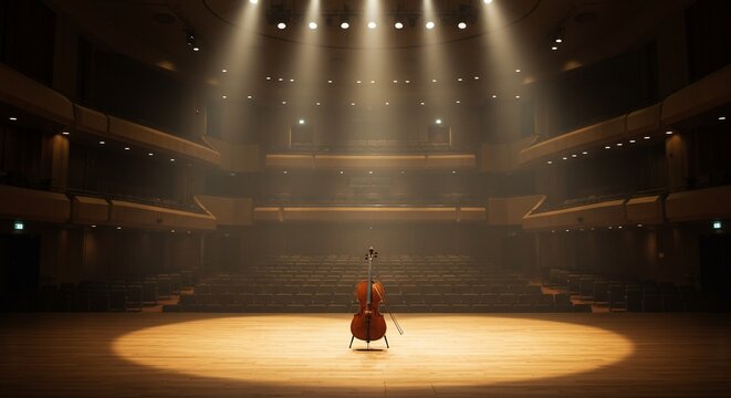 Cello on Empty Concert Hall Stage Under Dramatic Spotlight