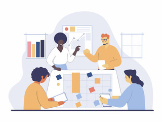 Flat design illustration of diverse office team brainstorming