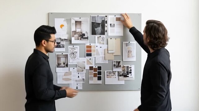 Two Men Collaborating on Mood Board with Design Samples and Ideas