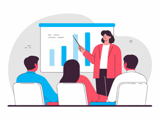 Businesswoman giving presentation with financial chart on whiteboard