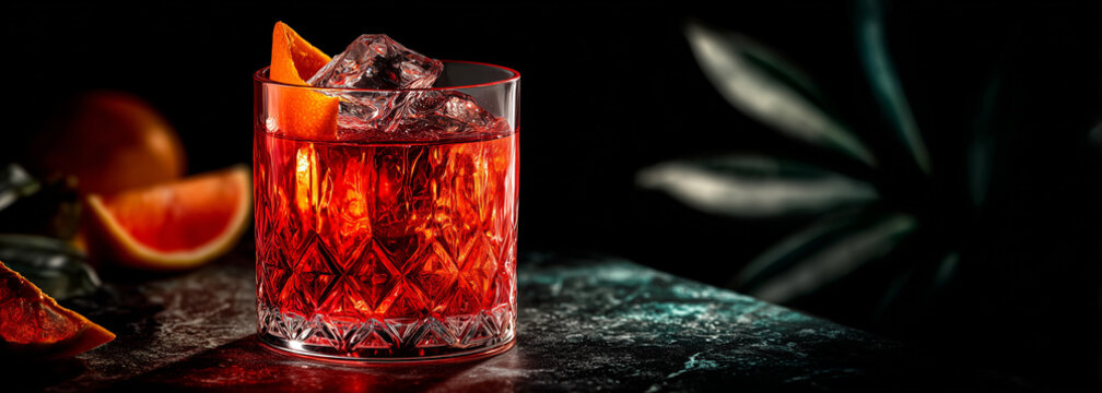 Negroni cocktail on black background with orange light