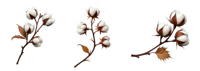 Three cotton branches with fluffy bolls and dry leaves on a transparent background create a natural and rustic aesthetic