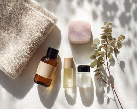 Flat lay of skincare bottles and natural products