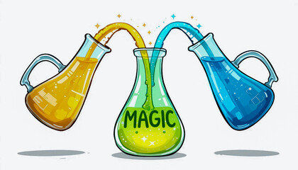 Creating magic by mixing blue and yellow potions into a lab flask, a cartoon concept of chemistry and discovery.