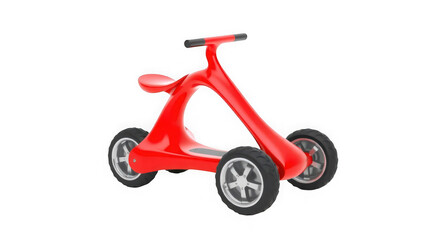 A bright red balance bike with four wheels designed for young children to learn coordination and motor skills isolated on transparent background