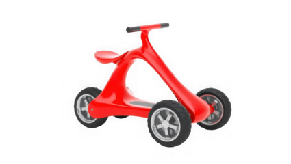 A bright red balance bike with four wheels designed for young children to learn coordination and motor skills isolated on transparent background