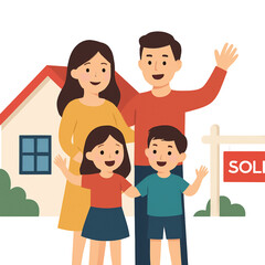 Happy family standing in front of their new house with a 'Sold' sign.