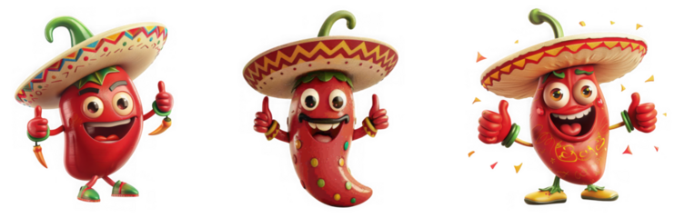 Three cheerful chili peppers wearing sombreros are giving a thumbs up on a transparent background