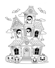 halloween haunted houseblack and white outline illustration. Coloring book for kids.