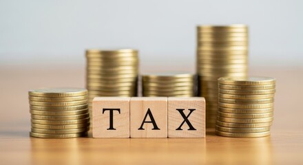 Golden Stacks and Tax Cubes - Wealth, finance, taxation, economy, and investment symbolized by stacks of gold coins and TAX spelled out on wooden blocks