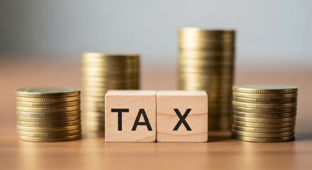 Golden Stacks and Tax Cubes - Stacks of gold coins symbolize wealth, savings, finance, and prosperity. Wooden tax blocks represent taxation, financial responsibility, and government revenue.