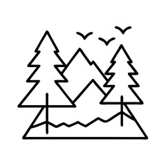 Obraz premium Forest landscape vector illustration with trees mountains and birds outdoor nature scene line art