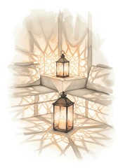 Illuminated Lanterns and Intricate Shadows - Two elegant lanterns cast intricate, glowing shadows on a patterned surface, creating a serene and inviting ambiance
