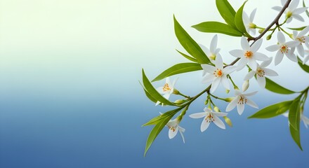 Obraz premium Delicate white star shaped flowers with green leaves on a soft blue and white gradient background