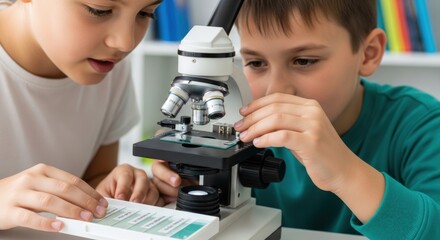 Curious children exploring microscopic world through science experiment with microscope