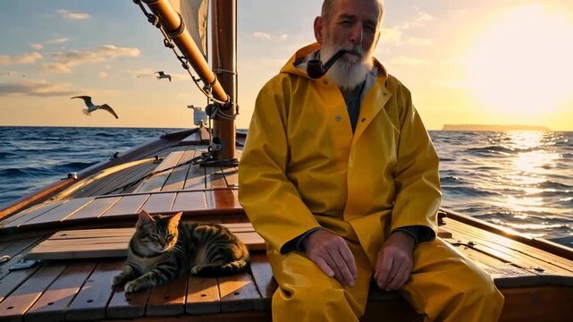 Old man enjoys sunset on a boat with a cat by his side while wearing a yellow rain jacket