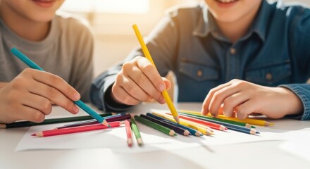 Children drawing together with colorful pencils in warm sunlight