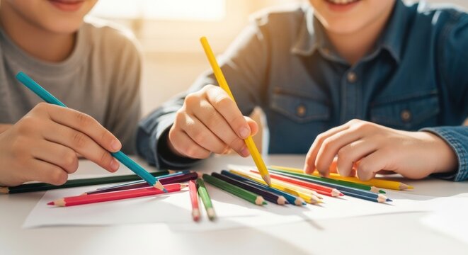 Children drawing together with colorful pencils in warm sunlight