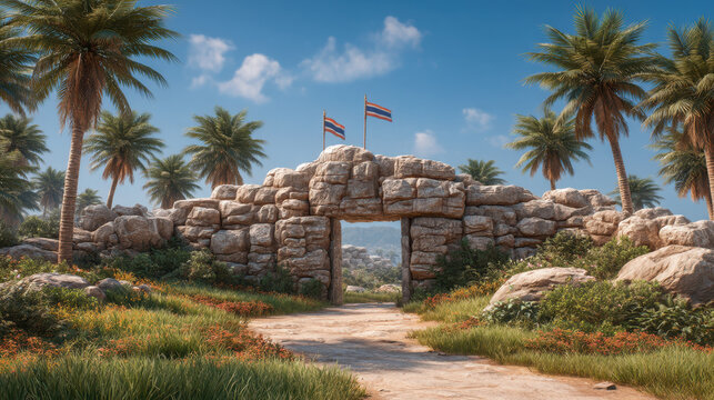 Peace talk in Southeast Asia, Ancient stone gate with flags surrounded by palm trees in southeast Asia invites peace and talk in nature