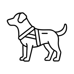 Dog in harness vector icon illustration, pet animal outline drawing, canine safety equipment design