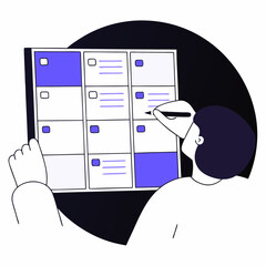 Strategic Planner at Work: A focused individual meticulously organizes and plans, their hand guiding a pen across a detailed task board.