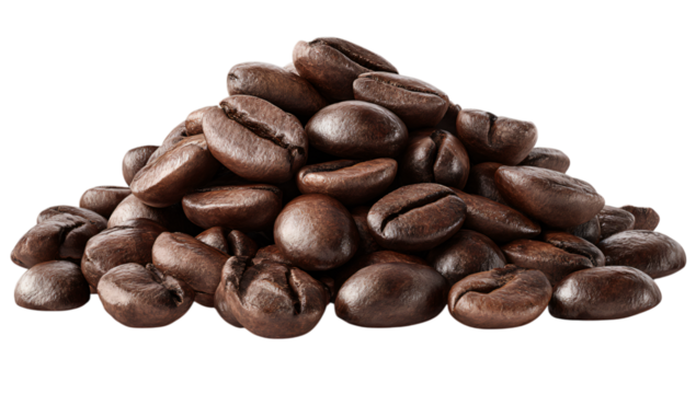 Rich, dark roasted coffee beans piled high, perfect for your morning brew or cafe branding needs