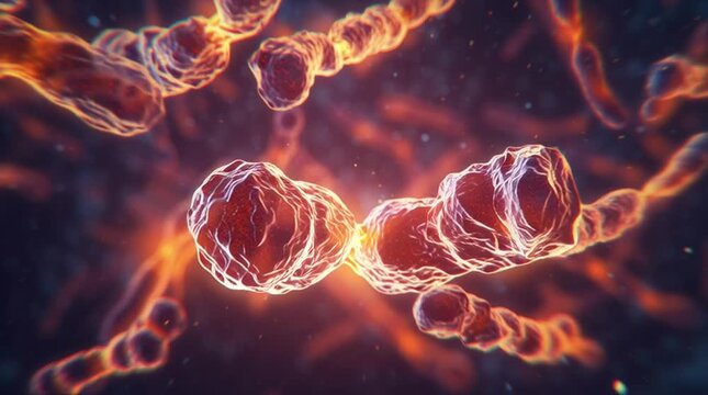 Realistic time-lapse of human cells dividing under a microscope, showing visible chromosomes separating during mitosis. Authentic scientific documentary style illustrating cellular reproduction and li