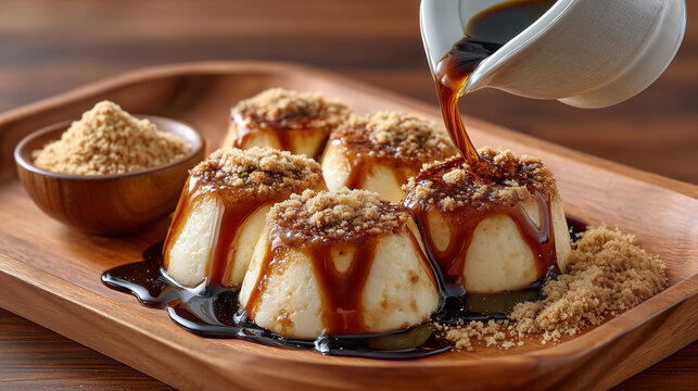 raindrop cake drizzled with dark kuromitsu syrup, kinako powder on the side, wooden tray background