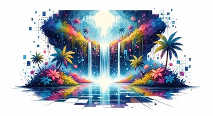 Oasis: A Vibrant Waterfall Escape - A serene waterfall cascades into a vibrant, tropical paradise. Symbolizing technology, nature, tranquility, escape, and renewal