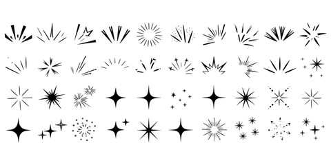 Doodle line sparkle vector set, hand drawn shining stars, comic burst elements, and decorative glowing sparkling star highlight. Cartoon explosion, dynamic light flash, twinkle star, firework effect.