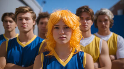 yellow-haired athlete leading basketball team outdoors 