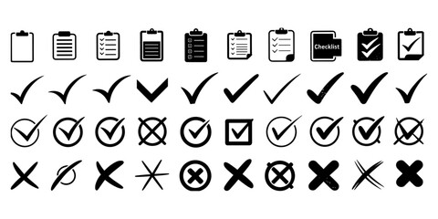 Checklist vector icon set, checkmarks, cross symbols, and clipboard designs vector style. Perfect for task management, to do lists, forms, and productivity related design.