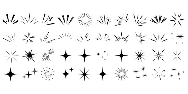Doodle line sparkle vector set, hand drawn shining stars, comic burst elements, and decorative glowing sparkling star highlight. Cartoon explosion, dynamic light flash, twinkle star, firework effect.