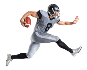 Sprinting American football athlete in motion with ball in hand