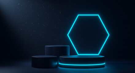 Dark podiums with glowing blue hexagon and particles stage display