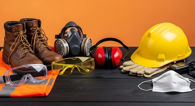 Safety gear ensures security in construction boots mask and helmet providing comprehensive
