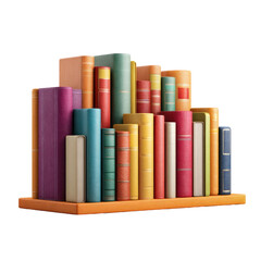 Stacked books of various colors and sizes on a wooden shelf