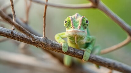 Close-up of a green chameleon perched on a tree branch in natural daylight with soft background blur perfect for wildlife studies, biology visuals and exotic reptile content