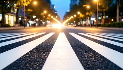 Low angle view of a city street with a pedestrian crossing and blurred traffic lights at dusk
