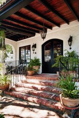 Fototapeta premium Charming entrance of a traditional residence showcasing brick steps, potted plants, and elegant lighting fixtures in a sunny outdoor setting