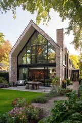 Modern architectural design of a spacious home with large glass windows surrounded by a lush garden in the late afternoon sunlight