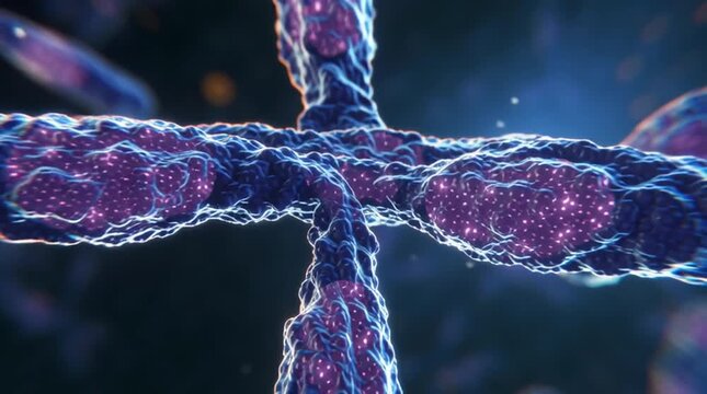 Realistic time-lapse of human cells dividing under a microscope, showing visible chromosomes separating during mitosis. Authentic scientific documentary style illustrating cellular reproduction and li